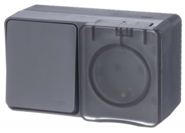 Блок, розетка + выключатель
Atlas Design Profi 54,  со шторками,  с крышкой,  с заземлением,  одинарная,  винтовые клеммы,   цвет - антрацит,  пластмасса,  IP 54,  ATN544070,  Schneider Electric
 - PULSAL.RU