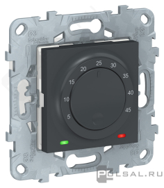 Терморегулятор 10А, НО-контакт, 230В
Unica New Pure,  Unica New Studio,  поворотный,  датчик t° пола (внешний),  без таймера,   цвет - антрацит,  пластмасса,  NU550354,  Schneider Electric
 - PULSAL.RU