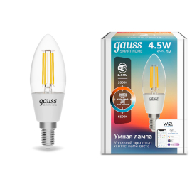 Лампа Gauss Smart Home Filament С35 4,5W 495lm 2000-6500К E14 изм.цвет.темп.+дим. LED 1/10/40
филаментная
Smart Light,   цоколь - E14,   мощность - 4.5Вт,   световой поток - 495Лм,   цветовая температура - 2000Кцветовая температура - 2000+2700+3000+4000+5500+6500Кцветовая температура - 2700Кцветовая температура - 3000+4000+6500Кцветовая температура - 4000Кцветовая температура - 6500К,  диммируется,  1250112,  Gauss - PULSAL.RU