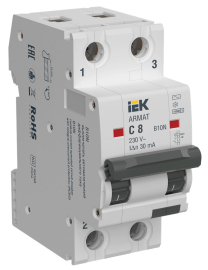 Автомат дифференциального тока ARMAT, 2 полюса, 8А, C, 10 кА,  тип - AC, 30 мА, AR-B10N-2-C008C030, IEK - PULSAL.RU