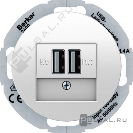 Розетка USB, 1,4А
R.Classic,  USB type-A 5V,  двойная,   цвет - белый глянцевый,  пластмасса,  26002089,  2600 20 89,  Berker
 - PULSAL.RU