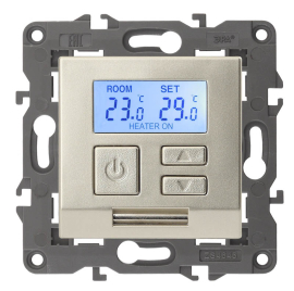 Терморегулятор универсальный 16А, 230В
Elegance,  клавишный,  датчик t° воздуха (встроенный),  датчик t° пола (внешний),  без таймера,   цвет - шампань,  пластмасса,  Б0034378,  14-4111-04,  ЭРА
 - PULSAL.RU